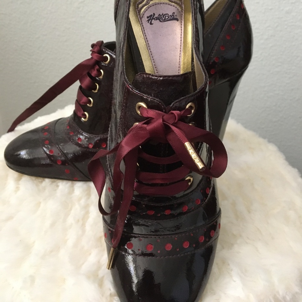 Hale Bob Red Patent Leather Lace up Oxford Heels